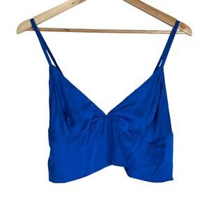Aerie Crop Tank Top Womens L Blue Satin Smocked V-Neck Y2K Minimalist Festival